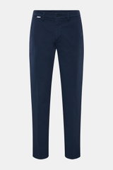 Front view of 04651/ A trip in a bag Chinos navy made of cotton twill with slightly elasticated, robust fabric, tapered fit, regular thigh width, ankle length, zip and waist button, French pockets, small woven label on the waist, and jetted back pockets.