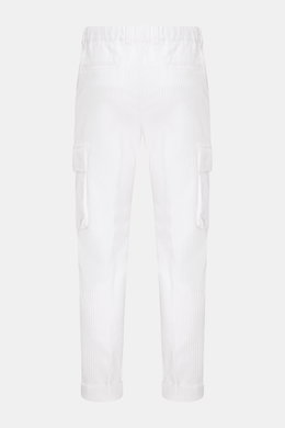 04651/ A trip in a bag Cord-Cargohose offwhite, Rückansicht, Breitcord Baumwolle, leichter Stretch, weicher Griff, Tapered Fit, reguläre Oberschenkelweite, knöchellang, schmal zulaufend, Reißverschluss, Bundknopf, teilelastischer Bund mit Tunnelzug, franz