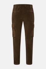 04651/ A trip in a bag Cord-Cargohose braun, knöchellang, schmal zulaufend, Breitcord Baumwolle, leichter Stretch, Tapered Fit, französische und Cargotaschen, Rückansicht.