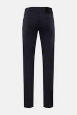 Rear view of Jacob Cohen Trousers 'Bard' navy, slim fit five-pocket trousers with tonal stitching and leather patch.

<p>Get style and quality with the classic five-pocket trousers 'Bard' by JACOB COHEN in a slim fit. This luxurious and high-quality piece