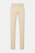 Jacob Cohen Hose 'Bard' beige, Slim Fit Five-Pocket-Hose aus elastischem Baumwoll-Lyocell-Twill, Button Fly, tonales Stitching, frontale Ansicht.