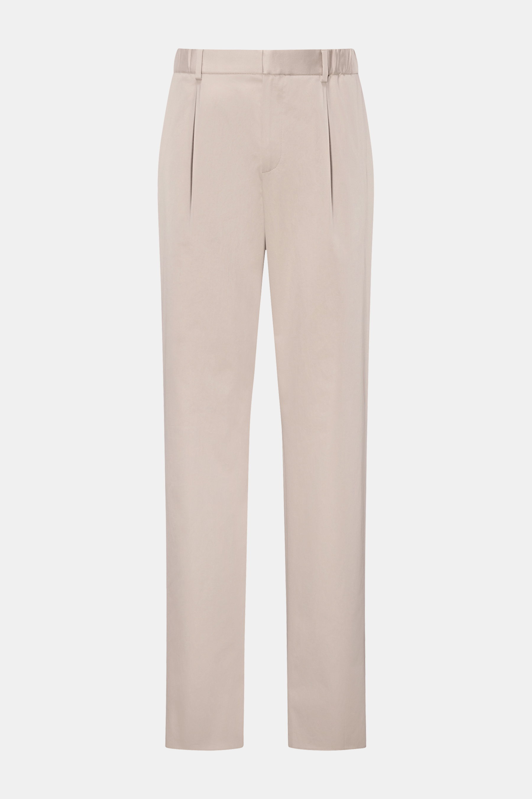 Agnona Chinos beige shown from the front, featuring partially elasticated waistband, simple pleats, French pockets, back pockets with buttons, zip and hook fastener, made of slightly stretchy cotton micro twill with a smooth feel, regular fit, and open le