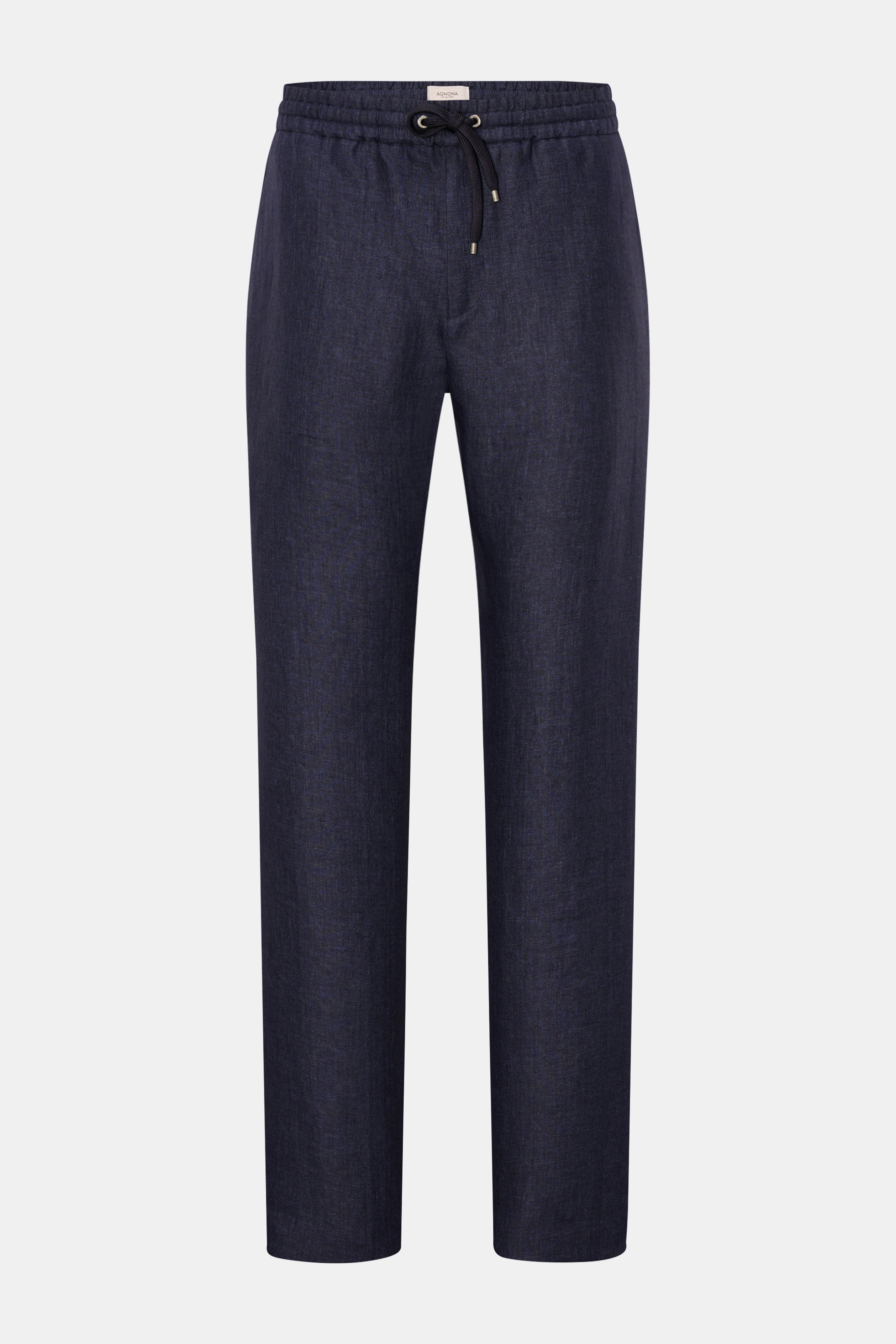 Front view of Agnona Linen jogger pants navy in pure linen with elasticated waistband, drawstring, French pockets, back button pocket.  

Description:  
<p>Casual luxury in its lightest form: With their elasticated waistband, these jogger pants in pure li