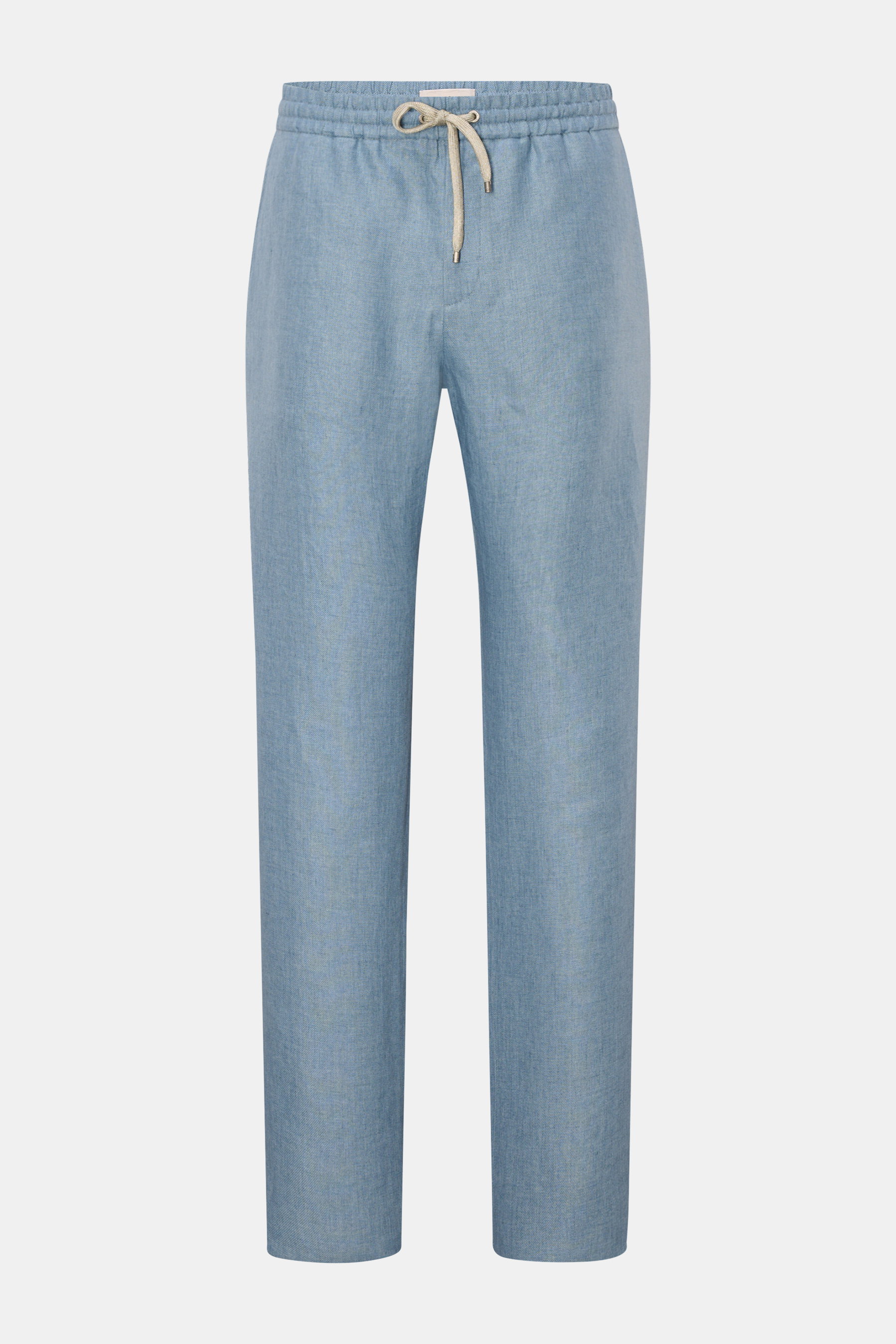 Agnona Linen jogger pants smoky blue shown from the front, made of pure linen with an elasticated waistband and drawstring, French pockets, back pocket with button, regular fit, soft, lightweight fabric, and open length. Casual luxury in its lightest form