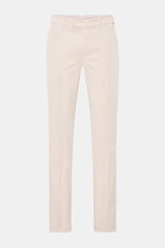 Front view of beige Brunello Cucinelli Chino 'Italian Fit' made of elastic cotton twill with fine twill texture, garment dyed, soft feel, regular fit, tapered and short cut, featuring zipper, button closure, French pockets, small watch pocket, and buttone
