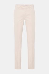 Front view of beige Brunello Cucinelli Chino 'Italian Fit' made of elastic cotton twill with fine twill texture, garment dyed, soft feel, regular fit, tapered and short cut, featuring zipper, button closure, French pockets, small watch pocket, and buttone