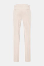 Brunello Cucinelli Chino 'Italian Fit' beige shown from the back, featuring twill elastic cotton, fine twill texture, soft feel, garment dyed, regular fit, tapered short cut, zipper and button closure, French pockets, small watch pocket, and buttoned back