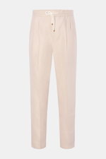 Front view of Brunello Cucinelli Jogpants 'Leisure Fit' sand in twill linen-cotton, tapered fit, high waist, short cut, drawstring waistband. <p>Stil trifft Tragekomfort: Die Jogpants von BRUNELLO CUCINELLI ist ein vielfältiger Begleiter für komfortable B