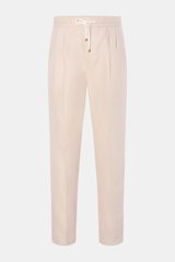 Front view of Brunello Cucinelli Jogpants 'Leisure Fit' sand in twill linen-cotton, tapered fit, high waist, short cut, drawstring waistband. <p>Stil trifft Tragekomfort: Die Jogpants von BRUNELLO CUCINELLI ist ein vielfältiger Begleiter für komfortable B