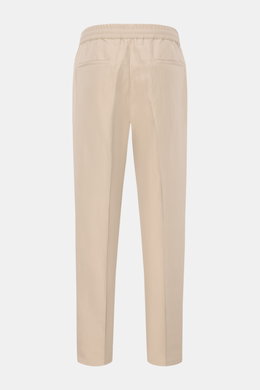 Beige Brunello Cucinelli Jogpants 'Leisure Fit' in Twill aus Leinen-Baumwolle, schmal zulaufend mit hohem Bund, Tunnelzug, Reißverschluss, Rückansicht.