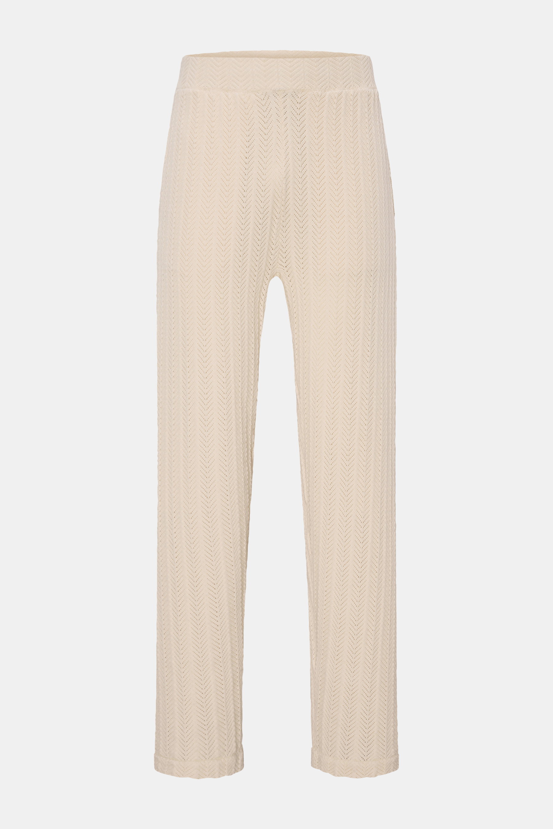 Soft Goat Strick-Jogpants creme, frontale Nahaufnahme, nachhaltiger Mix aus Baumwolle und Cashmere, Zick-Zack-Struktur, Regular Fit mit breitem Bund.