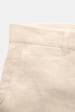 Percival Hose 'Tailored Linen' creme meliert, Detailaufnahme von Bund, französischer Tasche, gerader Schnitt, Leinen-Baumwoll-Mix, Regular Fit.