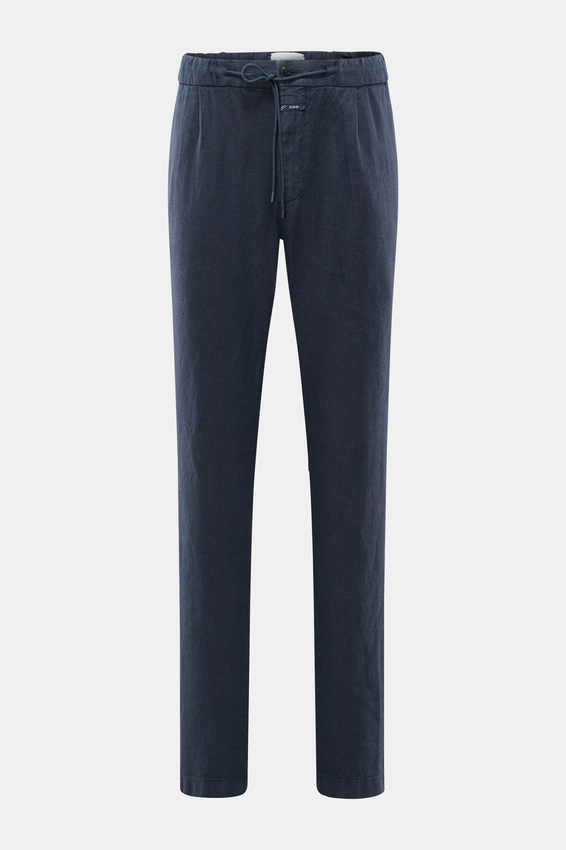 Front view of Closed Linen jogger pants navy in pure linen, lightweight with elasticated waistband, drawstring, zip fly, tapered short cut, French and jetted back pockets. Perfect for hot days, versatile casual summer pants.