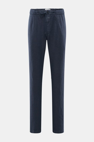 Closed Leinen-Jogpants navy, frontale Nahaufnahme, Regular Fit, reines Leinen, elastischer Bund mit Tunnelzug, Zip Fly, schmal zulaufend, kurz, französische Taschen.