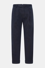 Santaniello Chino 'Arsenio' navy frontale Ansicht, softem Baumwoll-Twill, einfacher Bundfalte, tapered Fit, knöchellang, mit Reißverschluss und Bundknöpfen.