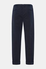 Santaniello Chino 'Arsenio' navy Rückansicht, knöchellang, softem Baumwoll-Twill, Bundfalte, paspelierte Taschen, fixierter Saumaufschlag, Tapered Fit.
