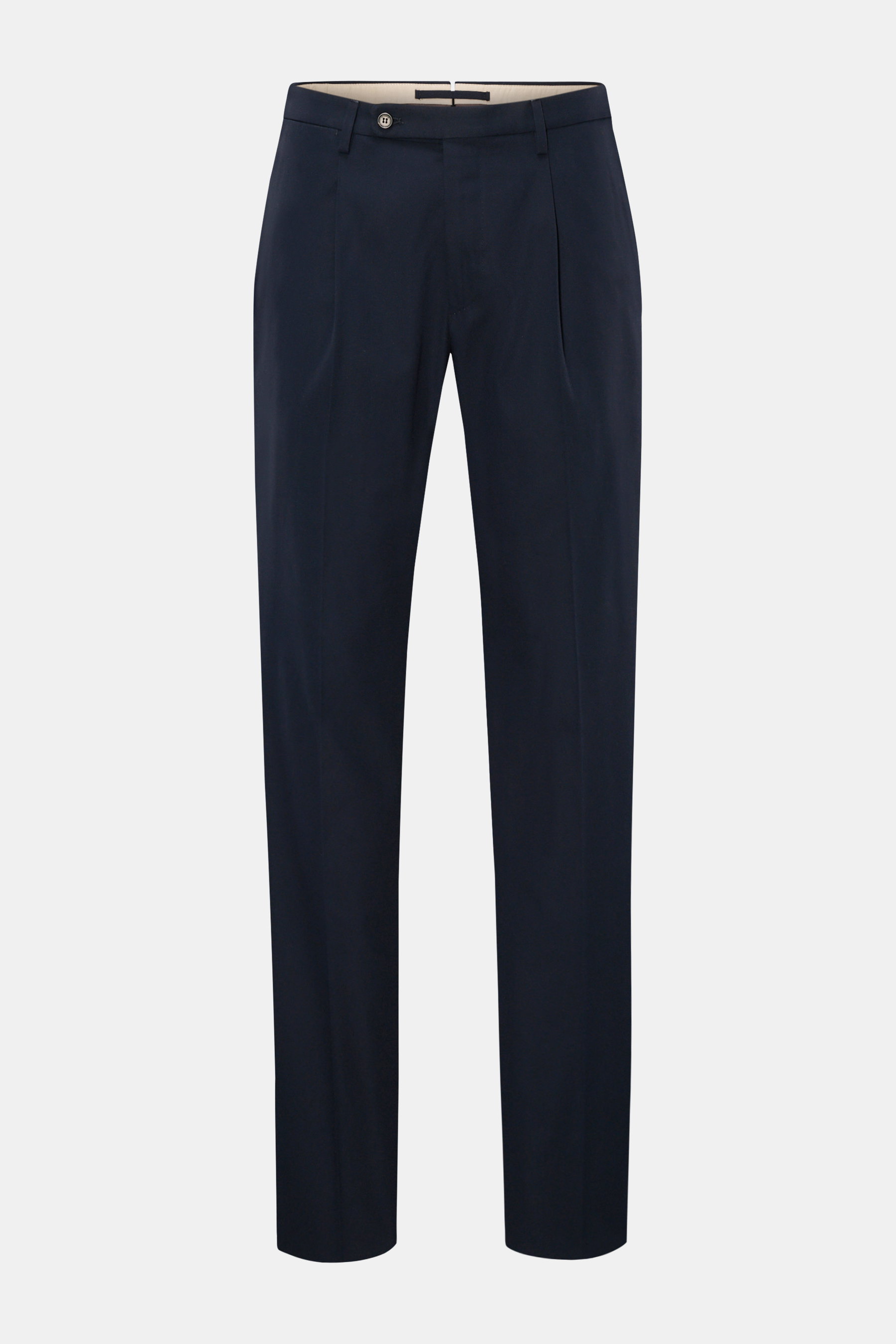 Incotex Baumwollhose navy, frontale Ansicht, Regular Fit, reine Baumwolle, Bundfalte, Knopfriegel, französische Taschen, offene Länge.