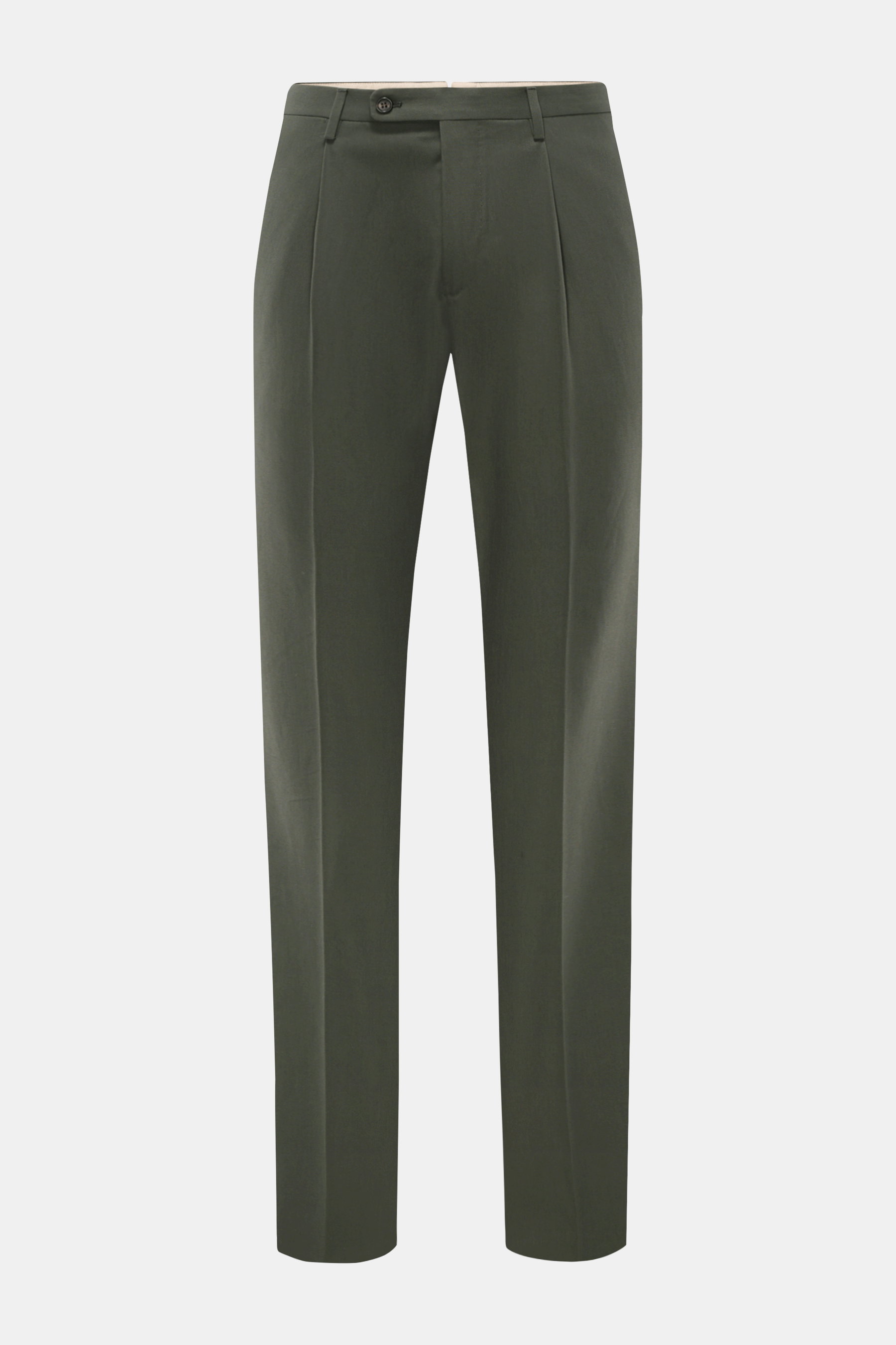 Incotex Baumwollhose dunkelgrün, Regular Fit, mit Bundfalte, Knopfriegel, französischen Taschen, fotografiert frontal von vorne.
