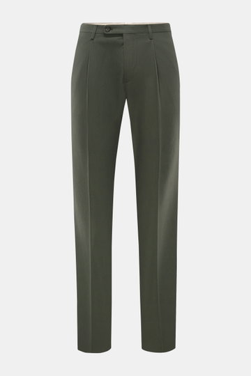 Incotex Baumwollhose dunkelgrün, Regular Fit, mit Bundfalte, Knopfriegel, französischen Taschen, fotografiert frontal von vorne.