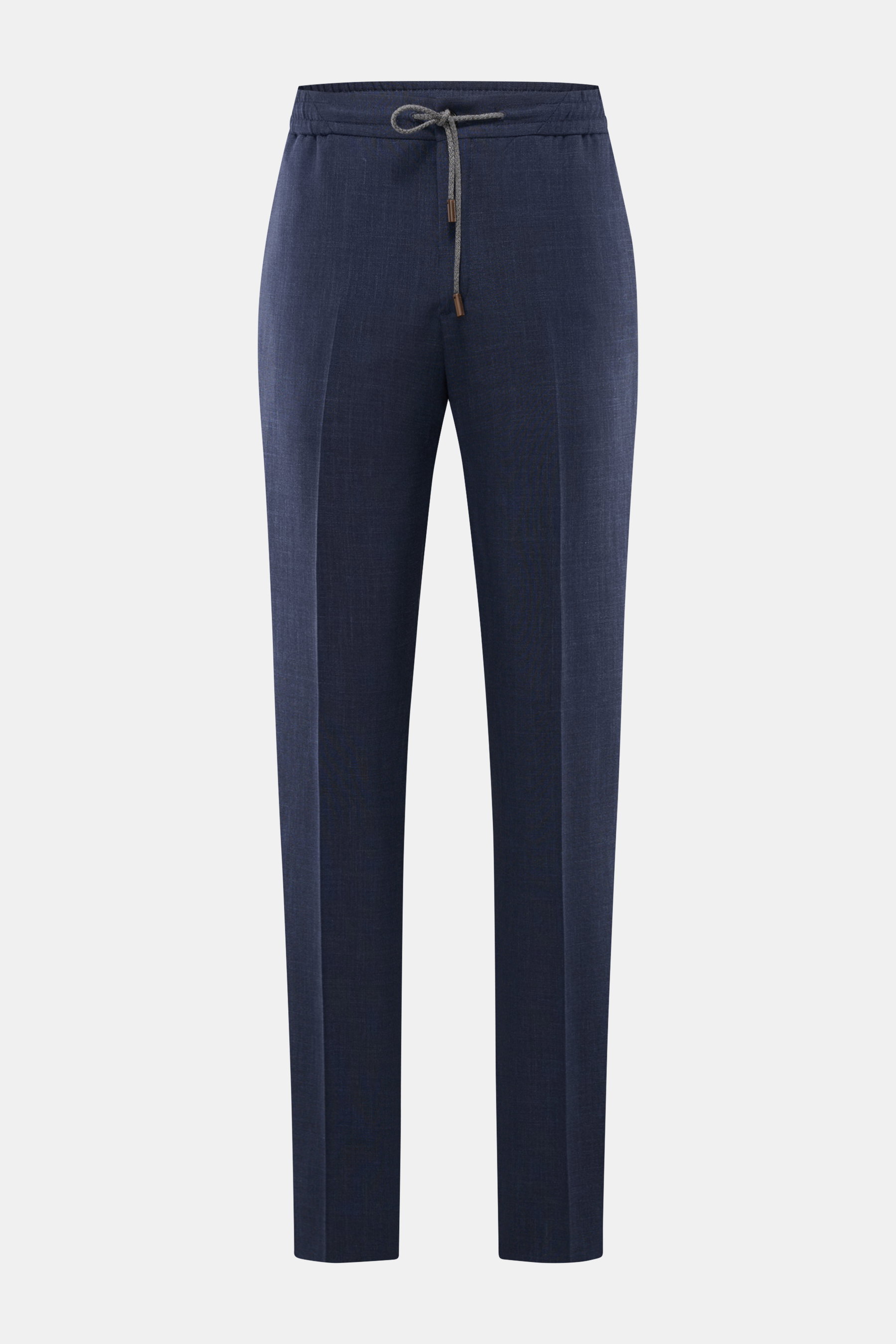Front view of Incotex Jogger pants dark blue mottled in a fine wool, silk, and linen blend with elasticated waistband, drawstring, and regular fit.