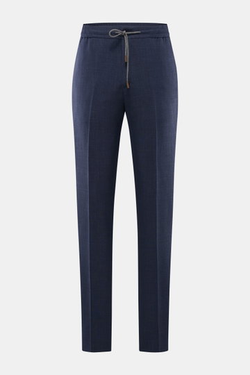 Incotex Jogpants dunkelblau meliert, frontale Nahaufnahme, Regular Fit, elastischer Bund mit Tunnelzug, Wolle-Seide-Leinen-Mix, französische Taschen.