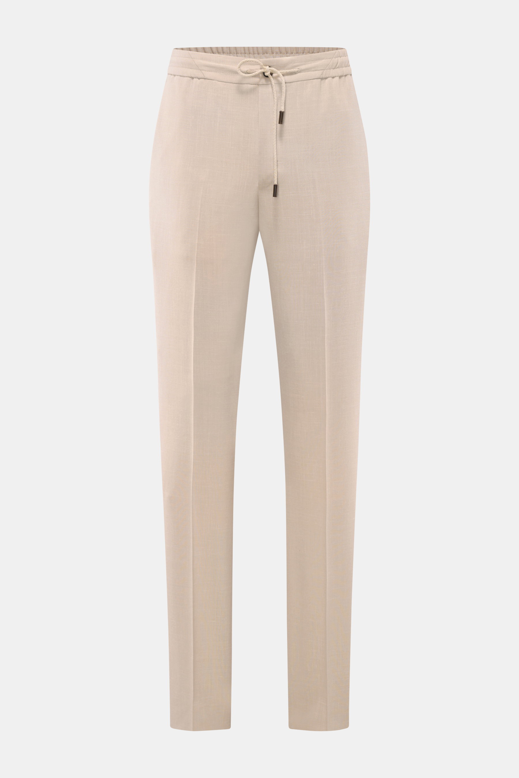 Front view of Incotex Jogger pants sand in a regular fit with elasticated waistband, drawstring, zip, button, French pockets, and tapered legs.