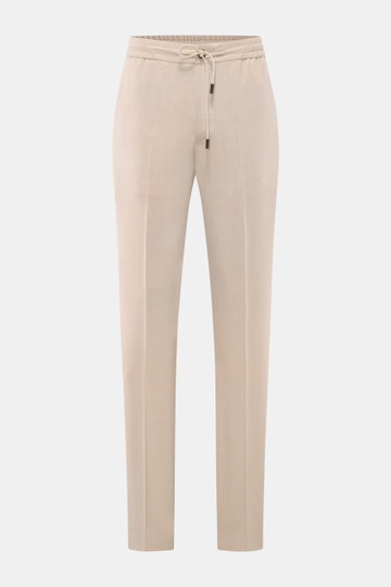 Incotex Jogpants beige meliert, frontal fotografiert, Regular Fit, elastischer Bund mit Tunnelzug, Wolle-Seide-Leinen-Mix, französische Taschen, offene Länge.