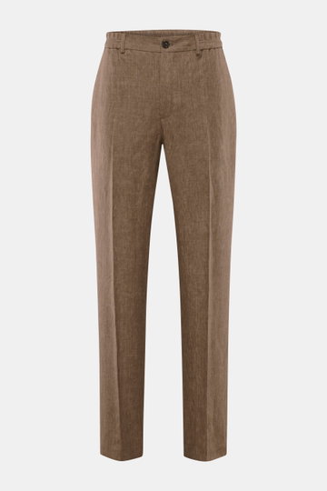 Incotex Leinen-Jogpants braun meliert, frontale Nahaufnahme, Regular Fit, gerader Schnitt, Bund mit Knopf und Reißverschluss, leichte Leinenqualität.