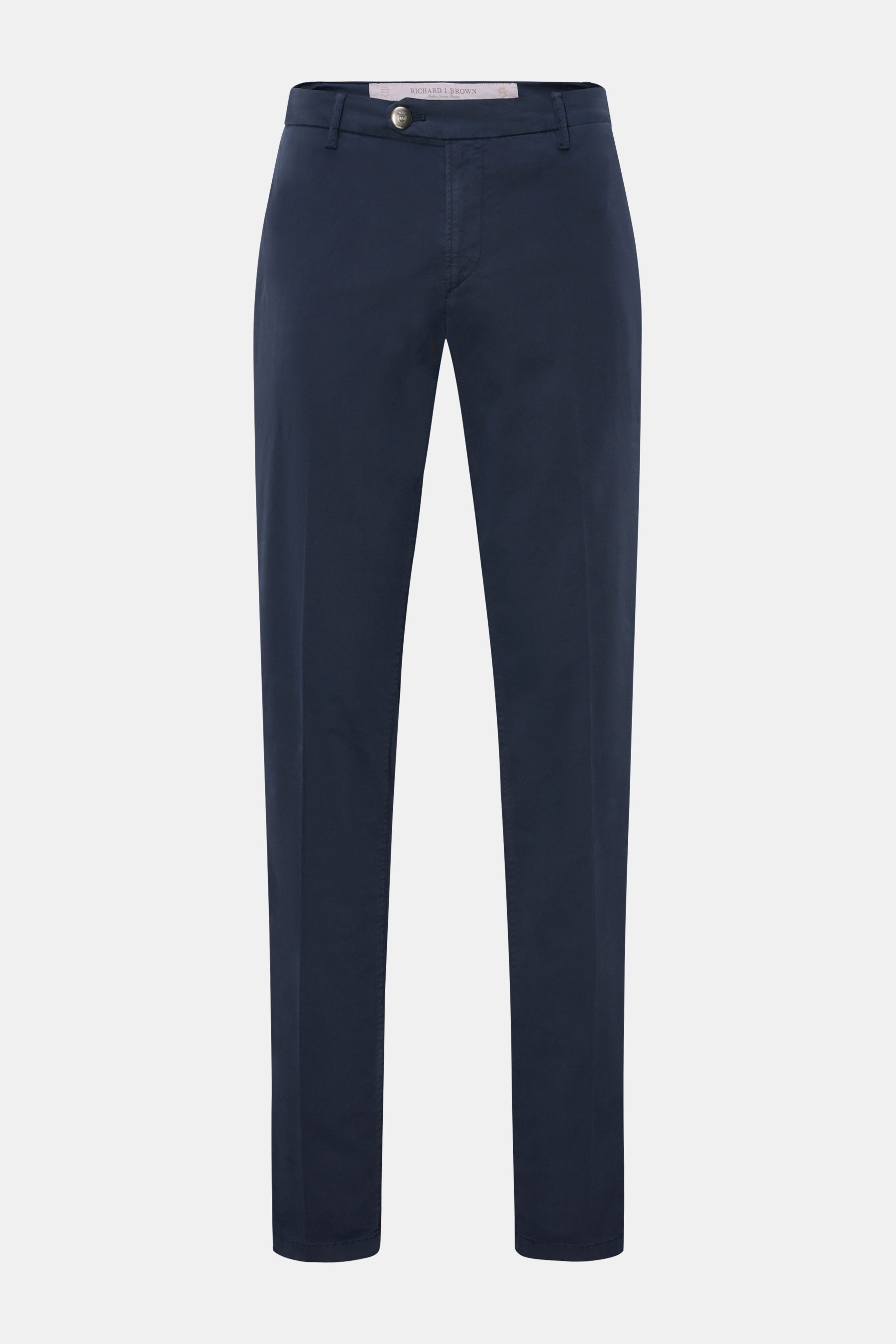 Front view of Richard J. Brown Chinos 'Singapore' navy, relaxed fit with comfortable stretch, cotton twill, tapered cut, zip and waist buttons, French pockets, small watch pocket, back pockets with button, and leather patch.