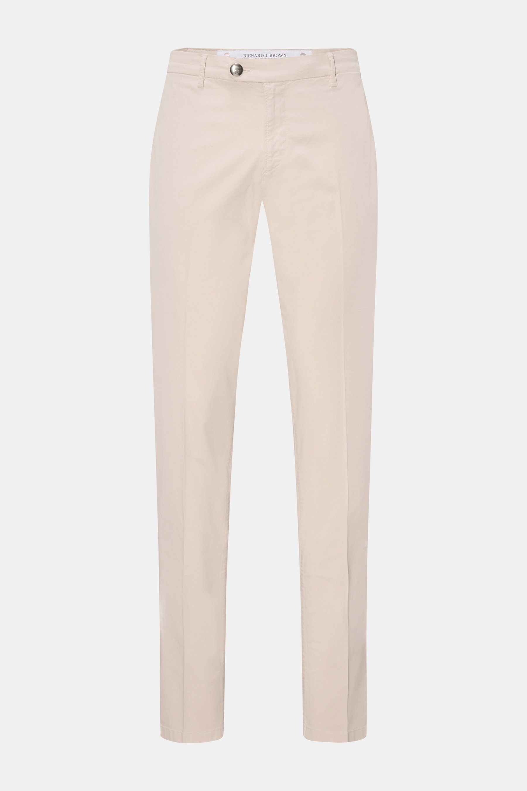 Front view of Richard J. Brown Chinos 'Singapore' beige, relaxed fit cotton twill trousers with slight stretch, tapered cut, zip and waist buttons, French pockets, small watch pocket, back buttoned pockets, leather patch, and fine twill texture for a very