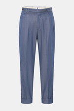 PT Torino Baumwollhose 'Carrot Fit' dunkelblau meliert, frontal fotografiert, kurze Chino mit Bundfalten, verlängertem Knopfriegel, Uhrentasche, fixiertem Saumaufschlag.