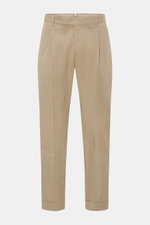 Front view of PT Torino Chinos 'Rebel Fit' beige, tapered cotton chinos with single pleat, French pockets, back flap pockets, and fixed hem turn-up.

Additional description:  
<p>You can’t go wrong with PT TORINO: These comfortably cut chinos made of cott