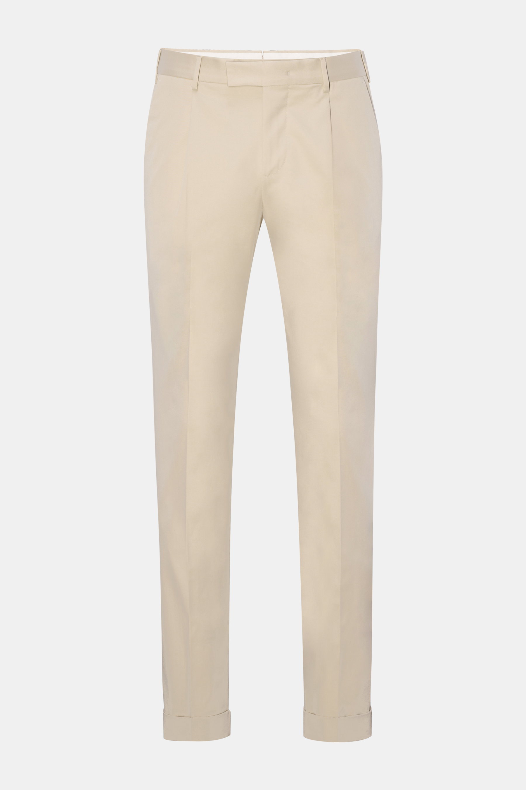PT Torino Chino 'Master Fit' beige aus robustem Baumwoll-Twill, elastisch, weicher Griff, Tapered Fit, reguläre Oberschenkelweite, knöchellang, Saumaufschlag, frontal fotografiert.