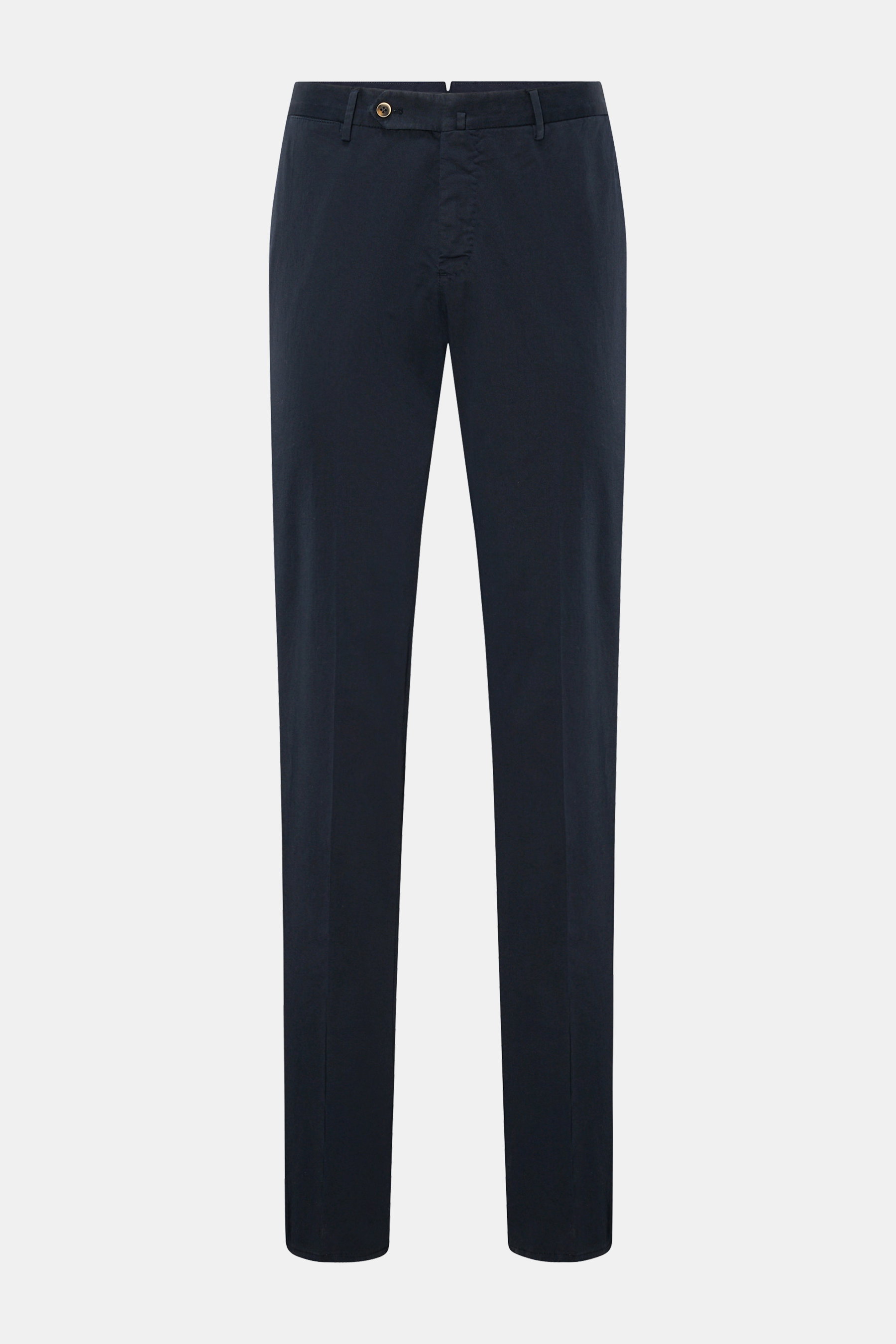 PT Torino Chinos 'Slim Fit' navy front view, slim fit tapered cotton twill trousers with zip, waist buttons, French pockets, watch pocket, and jetted back pockets. For these chinos, PT TORINO has chosen classic cotton twill in fine fabric enhanced with sl