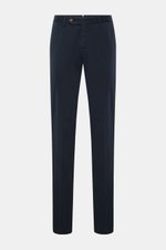 PT Torino Chinos 'Slim Fit' navy front view, slim fit tapered cotton twill trousers with zip, waist buttons, French pockets, watch pocket, and jetted back pockets. For these chinos, PT TORINO has chosen classic cotton twill in fine fabric enhanced with sl