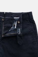 PT Torino Chinos 'Slim Fit' navy shown from front top with open zip, buttons, and waistband in classic cotton twill with slight stretch. <p>For these chinos, PT TORINO has chosen classic cotton twill in fine fabric enhanced with slight stretch content for