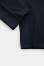 Close-up view of navy fabric showing hem and seam details of PT Torino Chinos 'Slim Fit' navy, made from cotton twill with slight stretch.