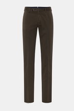 PT Torino Chino 'Slim Fit' dunkelbraun aus Baumwolltwill mit leichtem Stretch, schmal zulaufend, Reißverschluss, Knöpfen, Taschen, frontal fotografiert.