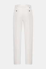 Rear view of PT Torino Chinos 'Union Fit' cream in classic cotton twill with slight stretch, soft feel, regular tapered fit, single pleat, French pockets, small watch pocket, and jetted back pockets with button.

Description: <p>For these chinos, PT TORIN