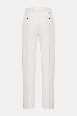 Rear view of PT Torino Chinos 'Union Fit' cream in classic cotton twill with slight stretch, soft feel, regular tapered fit, single pleat, French pockets, small watch pocket, and jetted back pockets with button.

Description: <p>For these chinos, PT TORIN