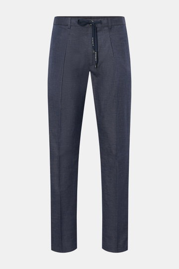 Circolo 1901 Jogpants 'Flamed Effect' navy meliert, frontale Ansicht, leichte Baumwoll-Leinen-Mischung, Tunnelzug mit Logo-Print, Regular Fit.