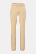 Front view of Mason's Chinos 'New York Style' beige cotton chinos showcasing slim fit, tapered cut, zip and waist buttons, French pockets, small watch pocket, jetted back pockets with button, and signature metal initial. Comfort and style: The cotton chin