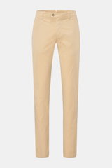 Front view of Mason's Chinos 'New York Style' beige cotton chinos showcasing slim fit, tapered cut, zip and waist buttons, French pockets, small watch pocket, jetted back pockets with button, and signature metal initial. Comfort and style: The cotton chin