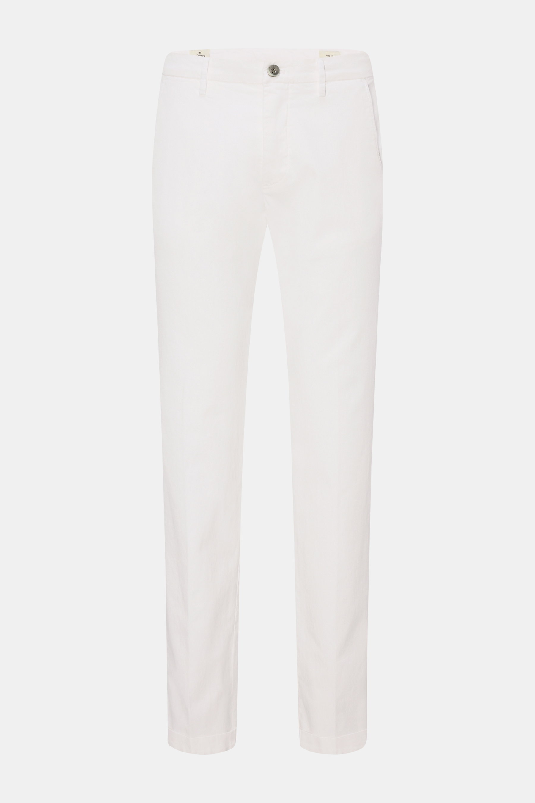 Mason's Chino 'Torino Style' offwhite, slim Fit, niedrige Bundhöhe, Baumwoll-Lyocell-Stretch, frontal fotografiert, mit Zip Fly, Bundknopf.