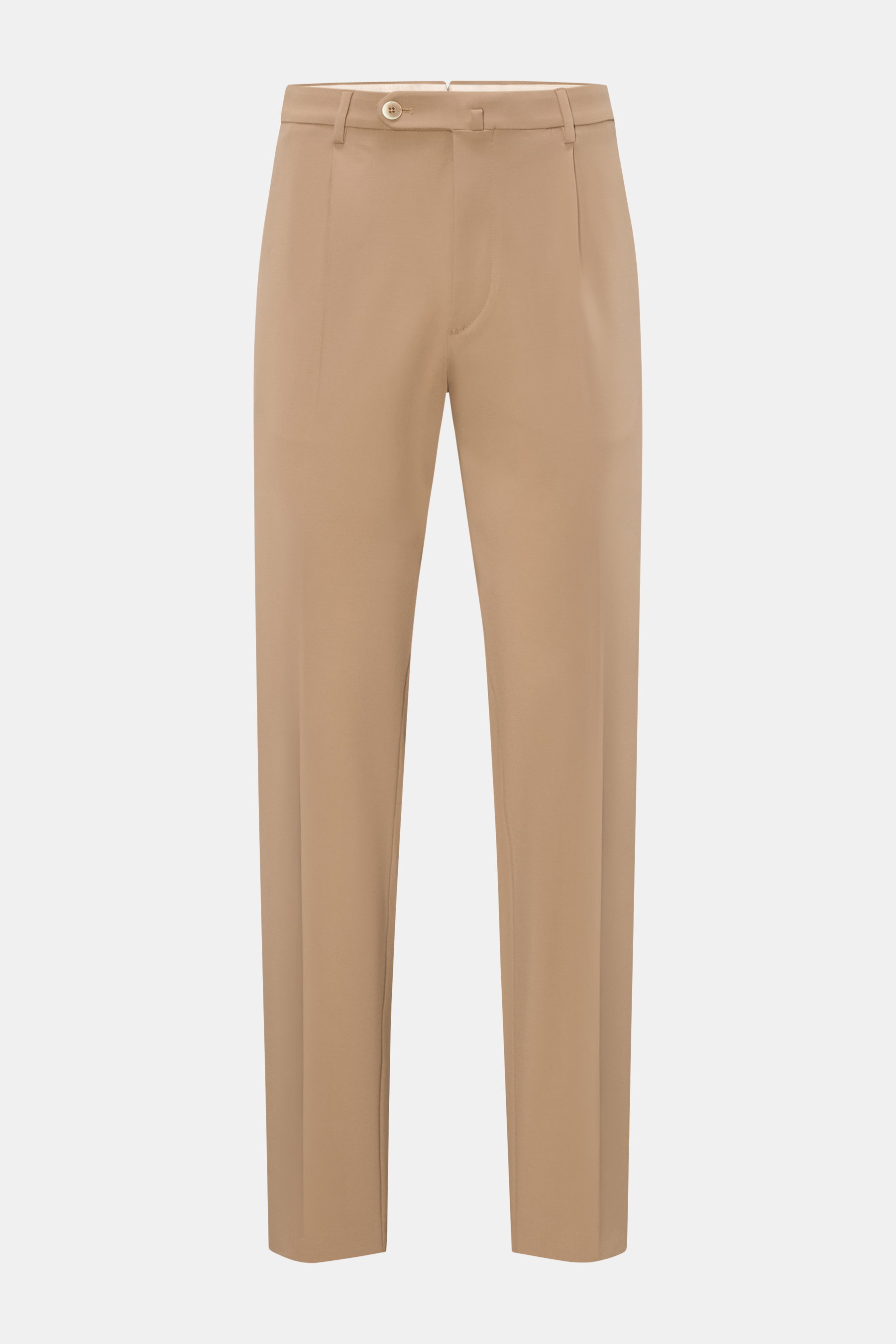GTA Jersey trousers 'Federico' beige shown from the front on a plain background, made of viscose and microfiber jersey with elasticated fabric, soft feel, regular fit, slightly tapered cut, zip and button closure, waistband with elastic insert, single ple