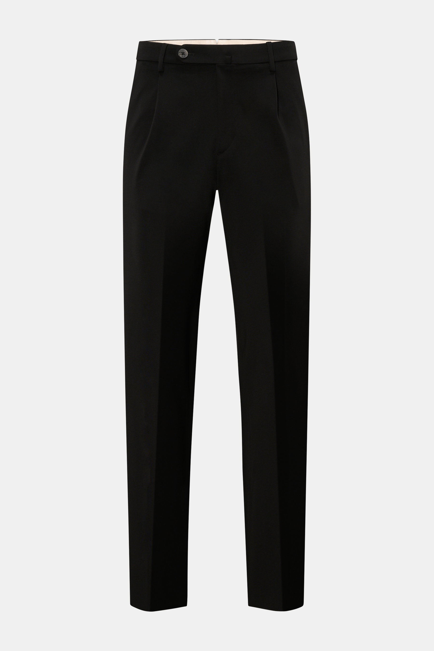 Front view of GTA Jersey trousers 'Federico' black, made of soft, elastic jersey with single pleat, zip, button, French and jetted back pockets. For casual office looks: The jersey trousers 'Federico' by GTA combine maximum comfort with timeless elegance 