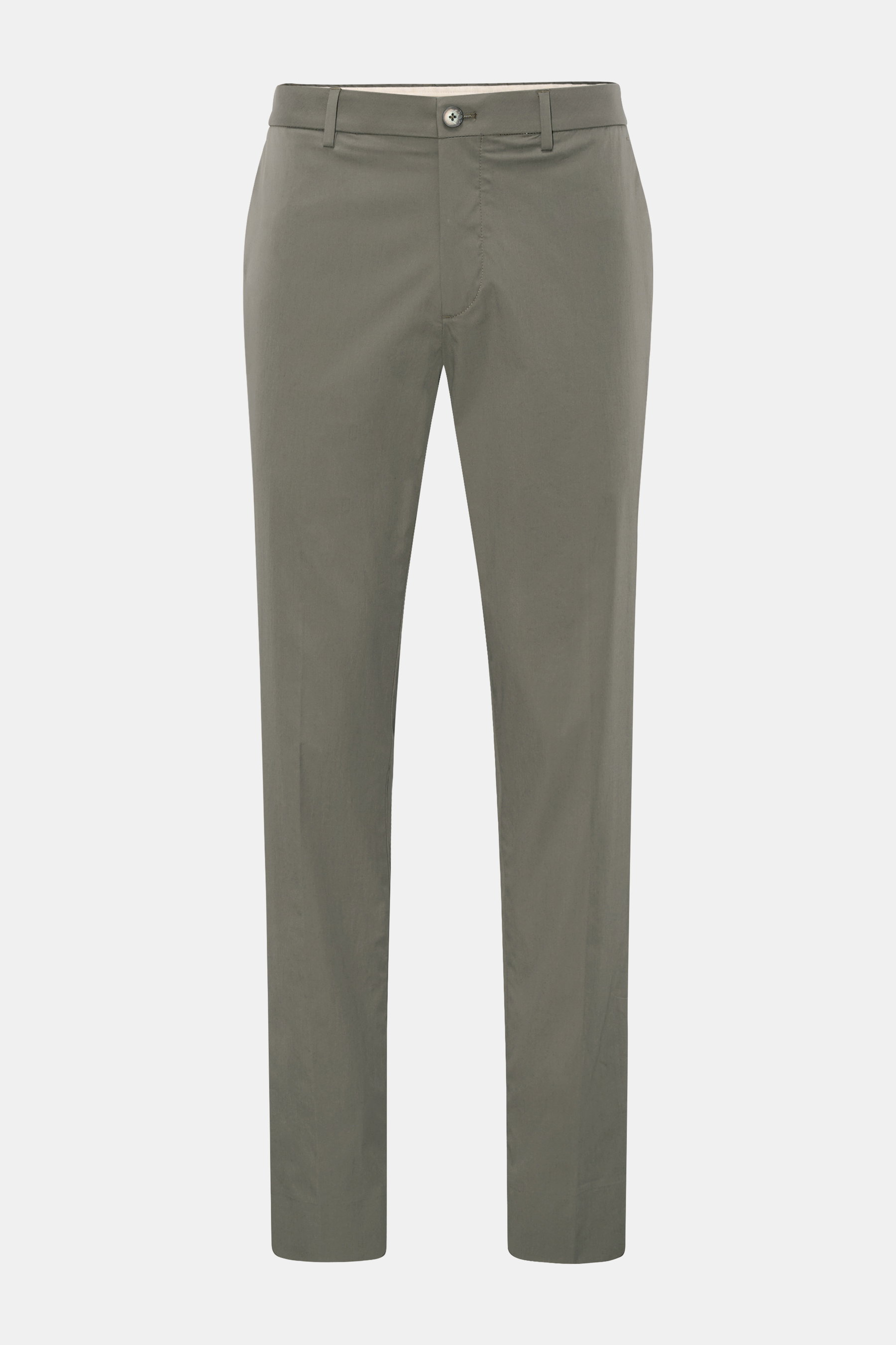 Front view of GTA Hose 'Davide' graugrün, lightweight cotton and microfiber blend trousers for office wear with tapered fit, regular thigh width, shortened length, smooth texture, zipper and button closure, inner elastic band, French pockets, small logo d