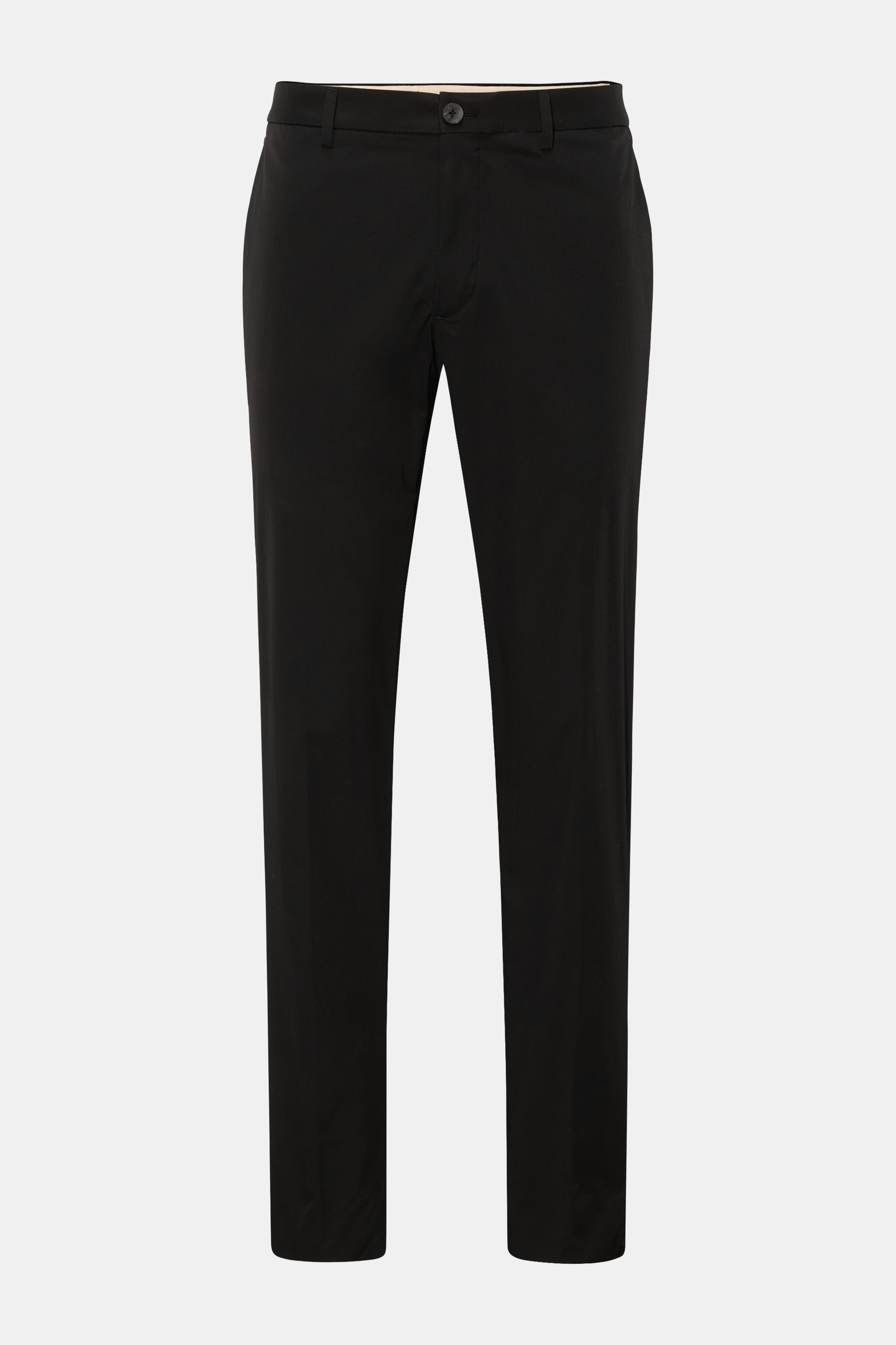 Front view of GTA Trousers 'Davide' black, lightweight cotton-microfibre blend with tapered fit, cropped leg, French pockets, and back button pockets. A classic for your office wardrobe: These lightweight trousers by GTA can be used to create effortlessly