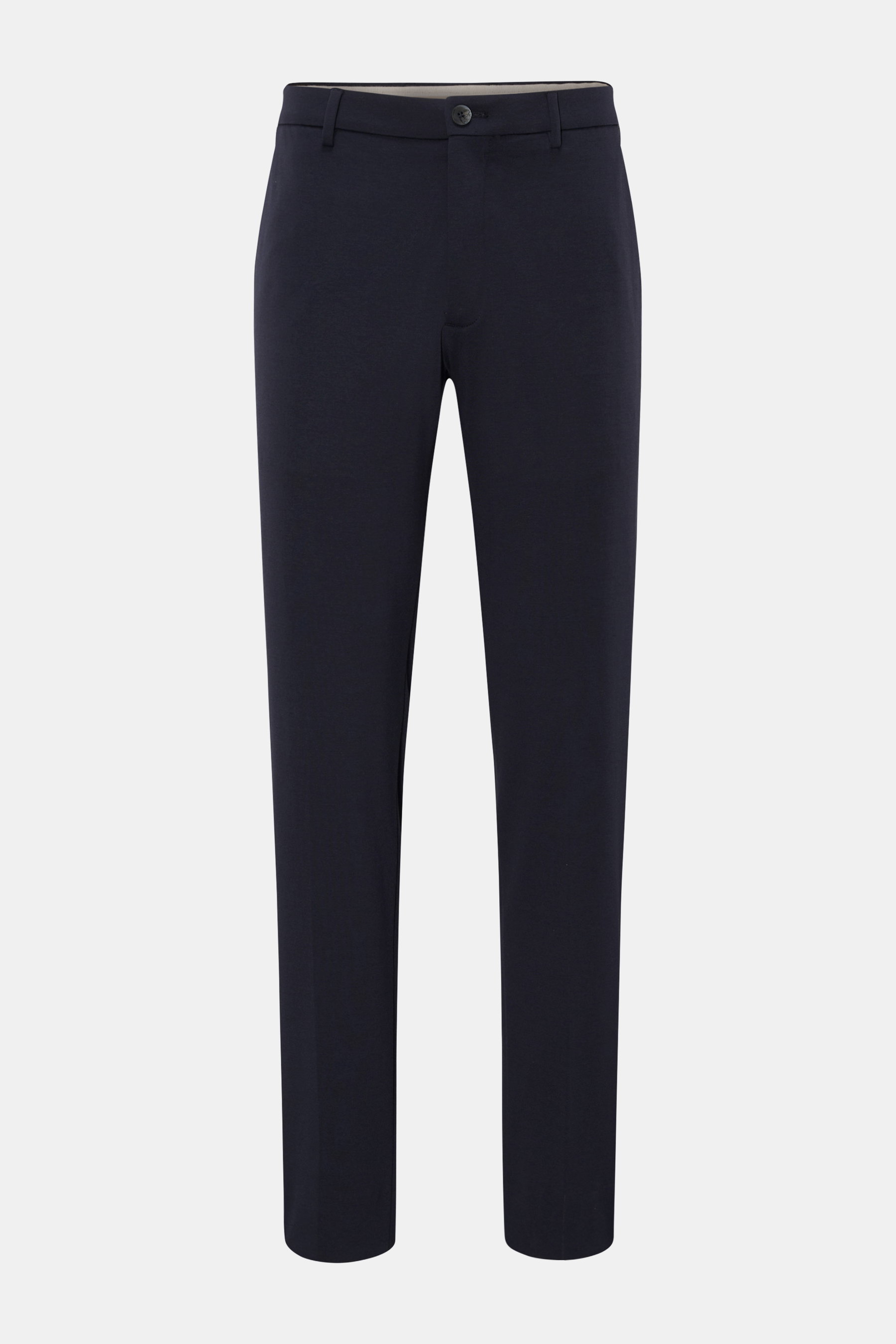 Front view of GTA Hose 'Davide' navy, a lightweight cotton and microfiber jersey pant with elastic quality, regular fit, slim tapered legs ending at the ankle, zipper and button closure, inner elastic band, French pockets, back pockets with buttons, and a