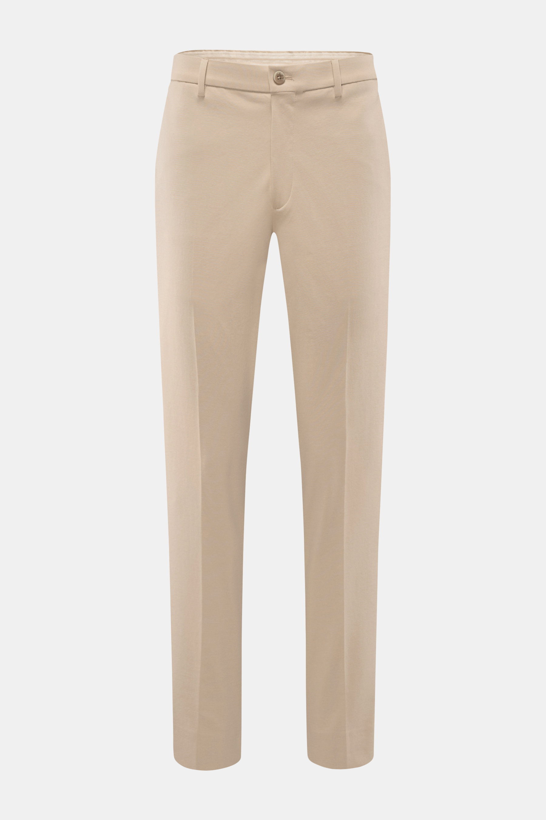 Front view of GTA Hose 'Davide' sand, a lightweight jersey cotton-mix trouser with elastic waistband, regular fit, tapered legs, zip and button closure, French pockets, and buttoned back pockets, designed for office and leisure wear. Legerer Klassiker für
